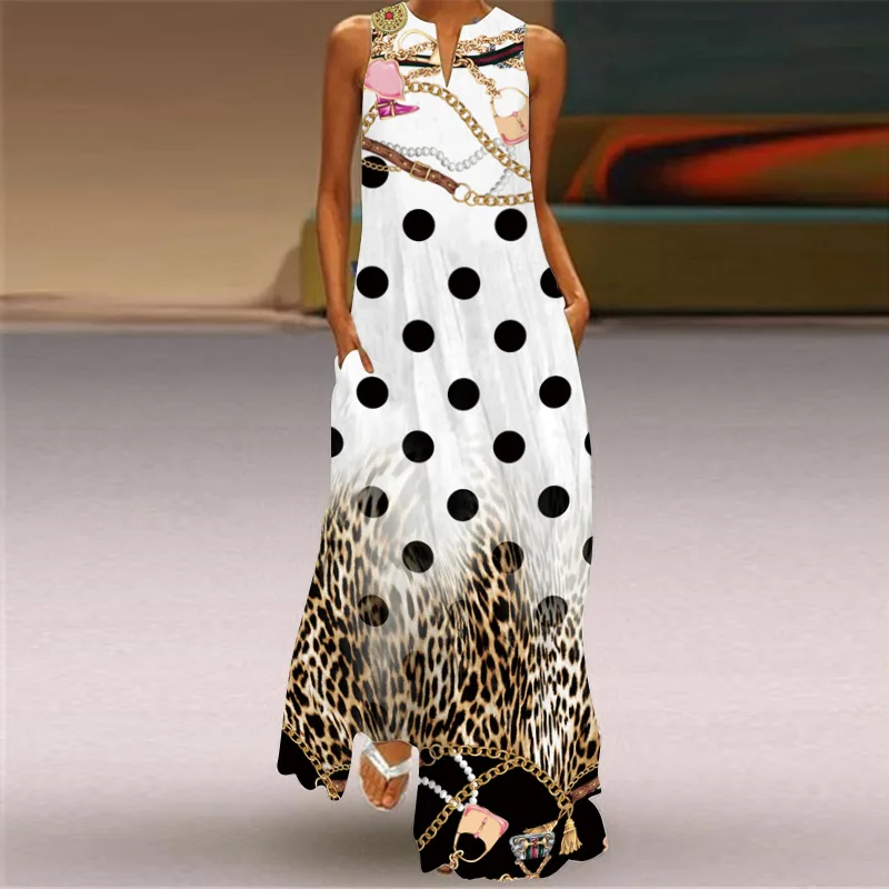 

Винтажное летнее платье без рукавов, женское пляжное платье, повседневное длинное платье с принтом, женское элегантное платье с V-образным в...