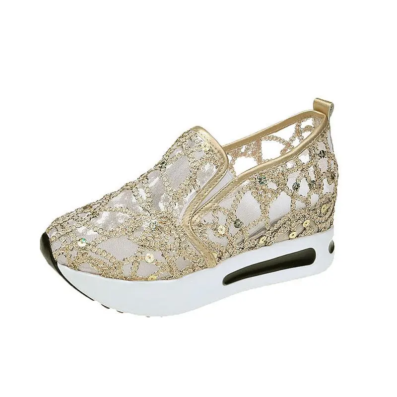 

Female Wedge Shoes Sequin Mesh Breathable Shoes Women Gold Silver Platform Sneakers Women Height Increasing Wedges Shoes Casual