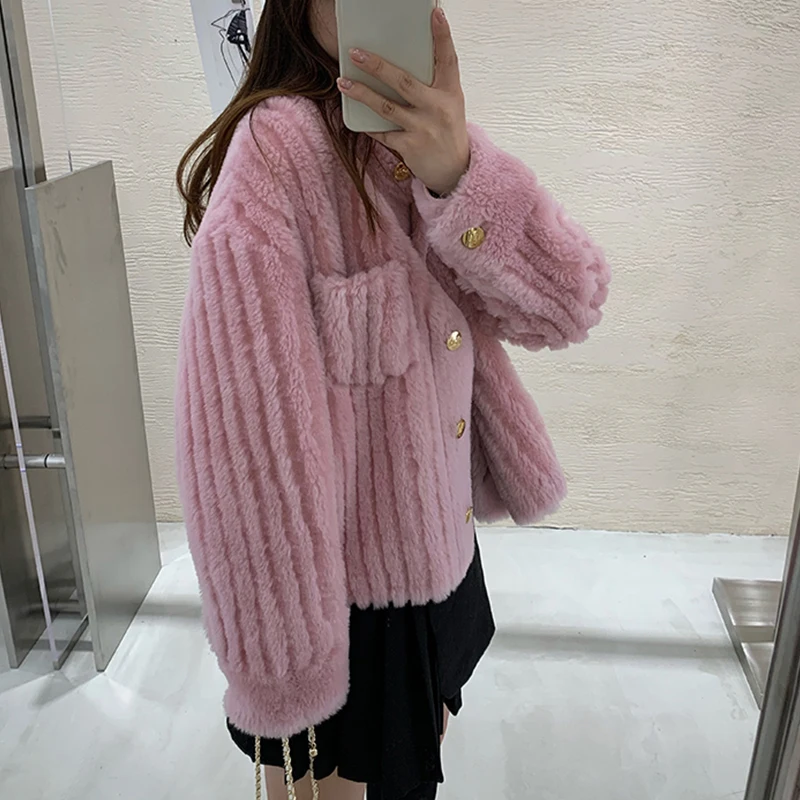 2023 New Autumn Winter Sheep Shearling Fur Coat For Women Real Fur Jacket 100% Wool Overcoat Korean Fashion Female Slim