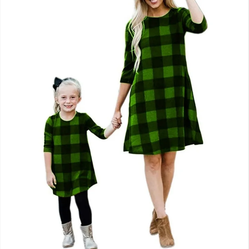 

Lattice Parent-child Dress Skirt Mom and Daughter Matching Clothes Mommy and Me Dress Check Print One-piece Girl and Woman
