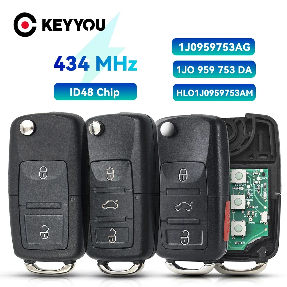 Ключ KEYYOU 433 МГц ID48 для VW Volkswagen Golf Passat Polo Jetta Touran Bora Sharan 1K0959753G 1J0959753DA 1J0959753AH
