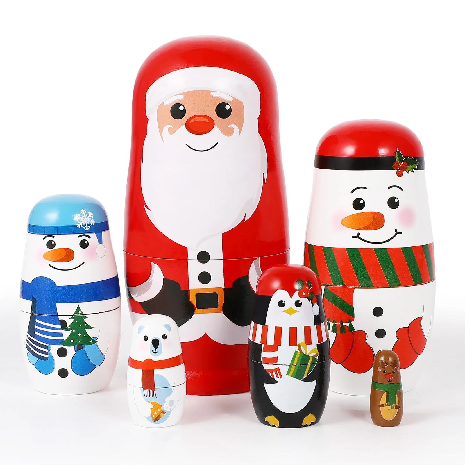 

Nesting Christmas Russian Wooden Santa Set Stacking Claus Snowman Decoration Handmade Nativity Animal Figurines Layers Gift Wood