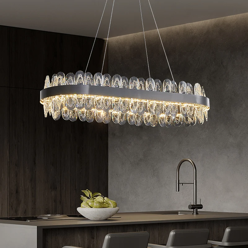 

Living Room Indoor Luxury Dimmable LED Pendant Light Kitchen Island Black Modern Suspension Crystal Hanging Lamp Dining Table