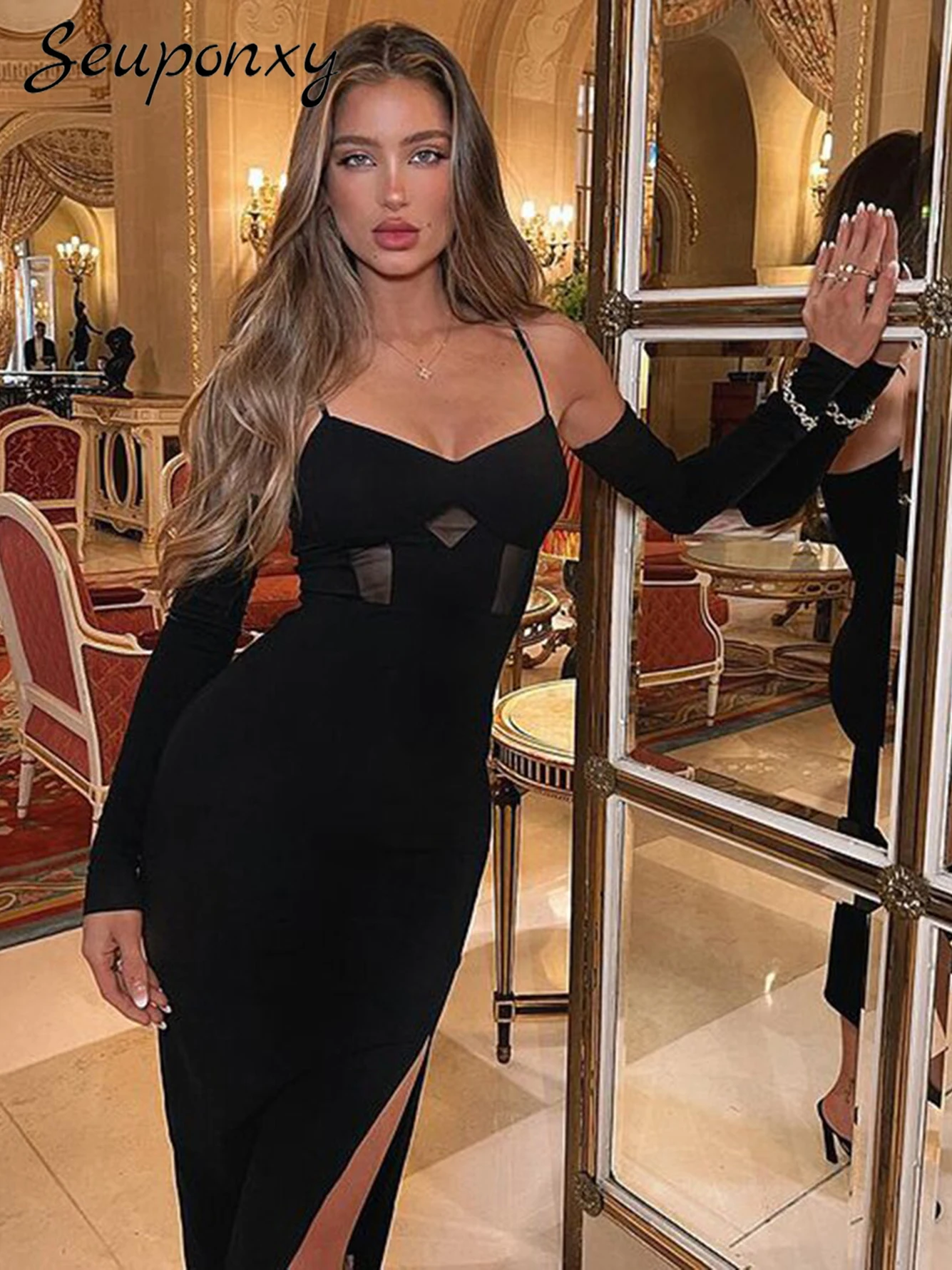 

Высококачественное сексуальное Сетчатое черное Бандажное платье на бретелях-спагетти со съемным рукавом Новинка 2023 женское элегантное ве...