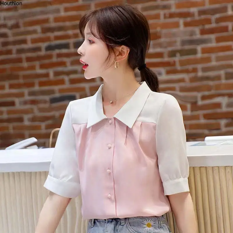

Chiffon Women's Blouses New Casual Top Buttons Splicing Polo Shirt Summer Fashion Short Sleeve Clothing