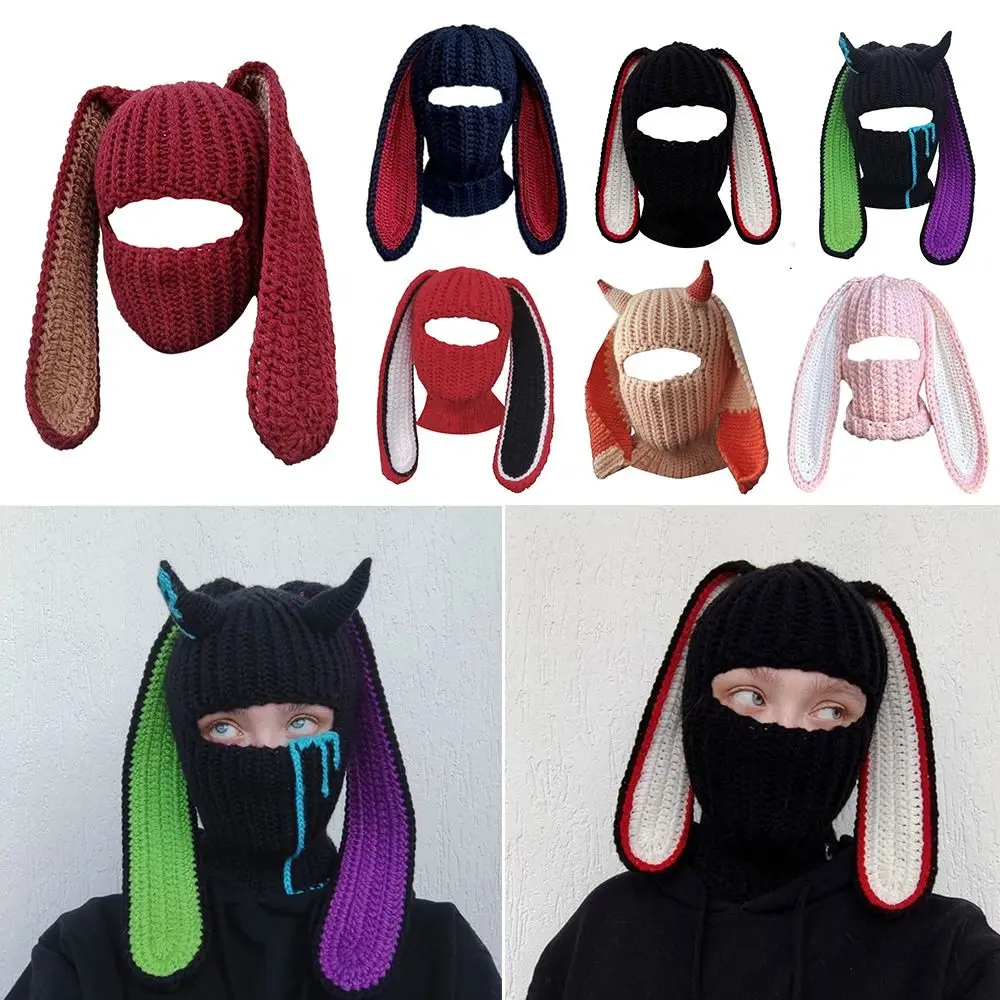 

Windproof For Party Ear Protection Ski Mask Handmade Beanie Cap Knitted Bonnet Balaclava Hat Funny Rabbit Ears Hat