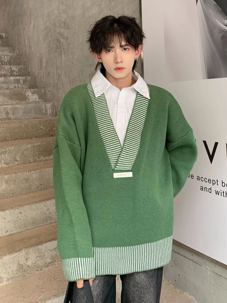 Green Profile V-neck Sweater Men's Autumn and Winter Korean Sle High-Grade Low Collar Knit American vintage Loose Outerwear