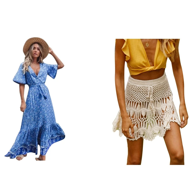 

Beach Bikini Hook Flower Hollow Short Skirt White One Size With Retro Women Summer Short Sleeve Dress Royal Blue S