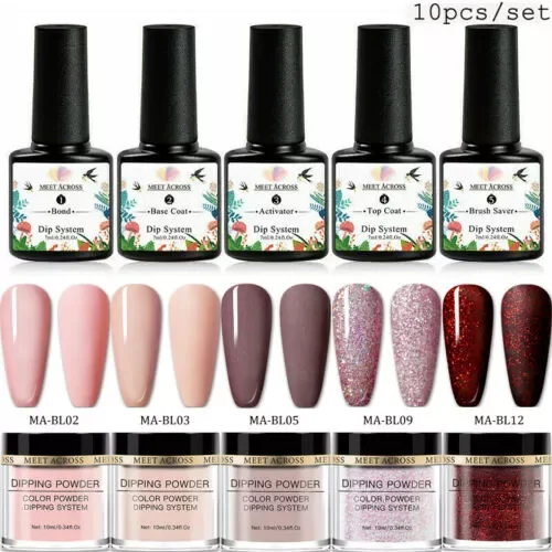 

MEET ACROSS 10 ml 3/8/10 pcs Dipping System Set Dip Nail Powder Liquid Base Top Coat Activator Natural Dry Without Lamp Dipping