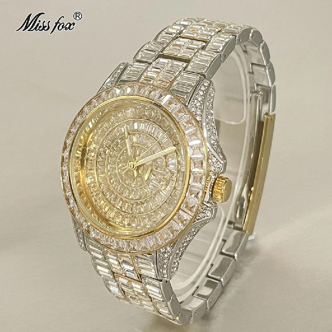 

Fashion Brand MISSFOX Quartz Watch For Men Luxury Full Baguette Diamond Gold Silver Clocks Automatic Date Waterproof Wristwatch