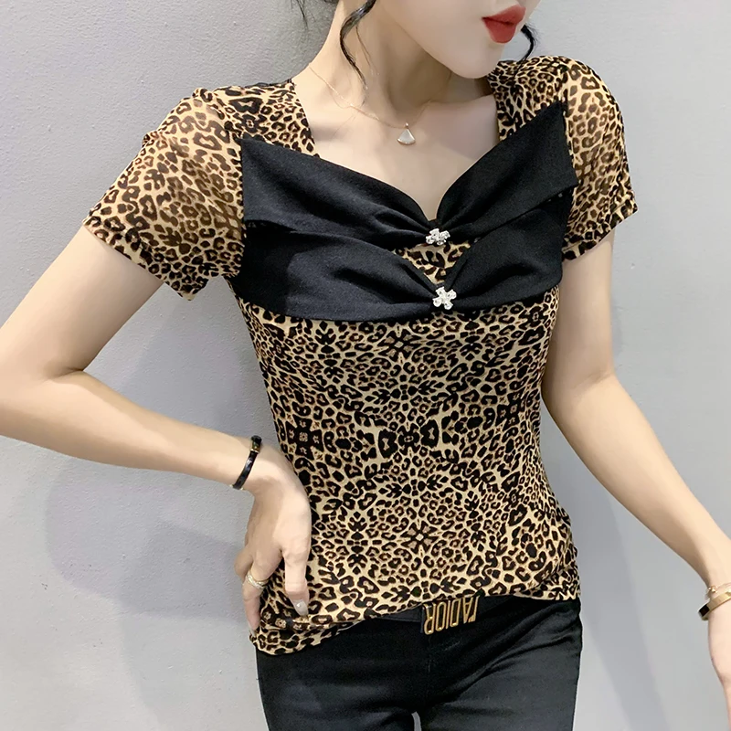 

New 2022 Summer Short Sleeved Top Female Fashion Casual Patchwork Diamond Leopard Print T-Shirt Plus Size Lace ropa mujer