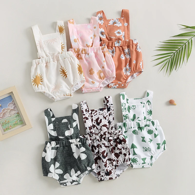 

2023-05-16 Lioraitiin 0-18M Newborn Baby Girl Summer Bodysuit Sleeveless Sun/Floral Print Elastic Waist Backless Overalls