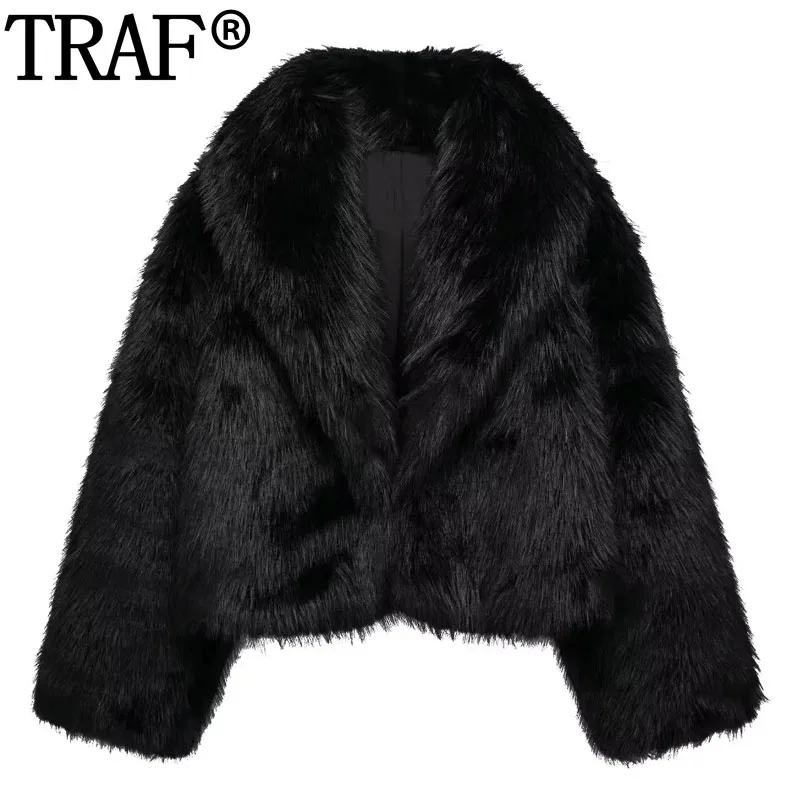 

TRAF Cropped Black Jacket Women Cardigan Faux Fur Coat Woman Winter Autumn Long Sleeve Warm Short Coats Fashion Teddy Jacket