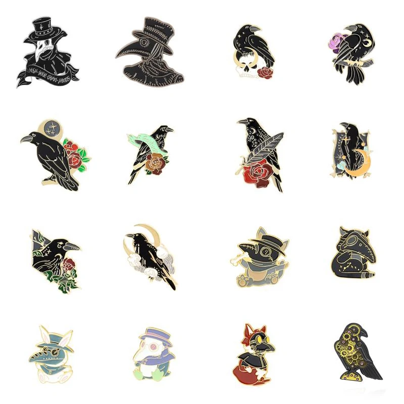 

Punk Gothic Crow Raven Enamel Pins Bird Feather Moon Flowers Plague Doctor Animal Brooches Badge Jewelry Gift for Friends Kids