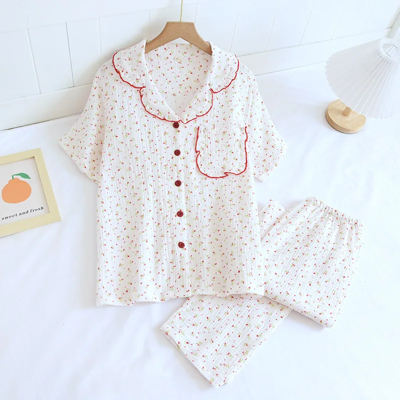 

Spring and summer new women's pajamas short-sleeved trousers two-piece set 100% cotton crepe small floral simple homewear suit