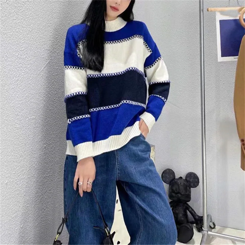 

Stripedcontrastingcolor fashionablesweater for women in autumn and winter, new lazy style Korean version pullover knit for women