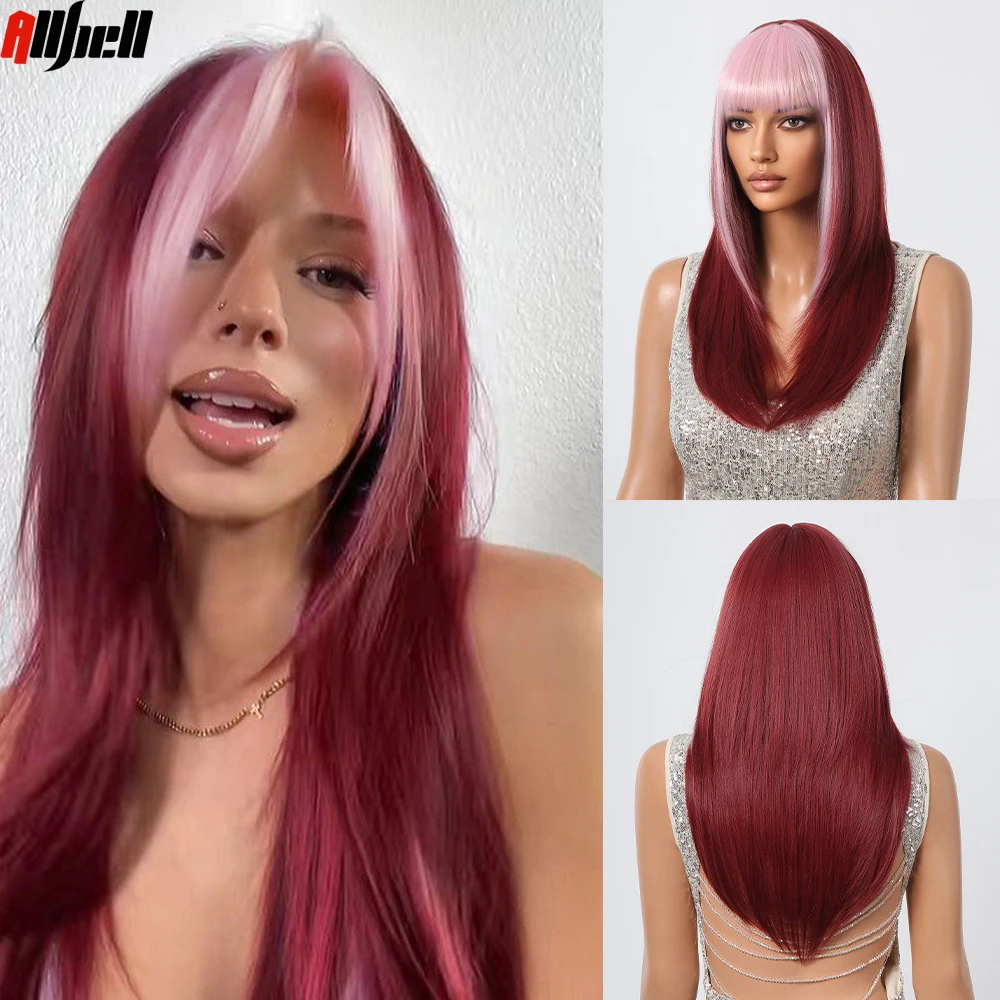 

Layered Straight Wine Red Wig with Pink Highlight Cosplay Lolita Hair for Women Long Pink Bangs Wigs High Temperature Daily Hair