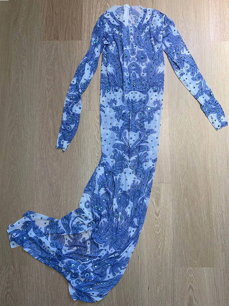 High Quality Rhinestone Elastic Printed Dress 2024 New Fashion Custom Women'S Clothing