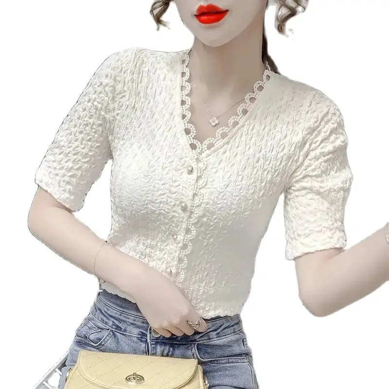 

V-neck lace shirt women's summer new versatile shirt solid short sleeve top P3 605
