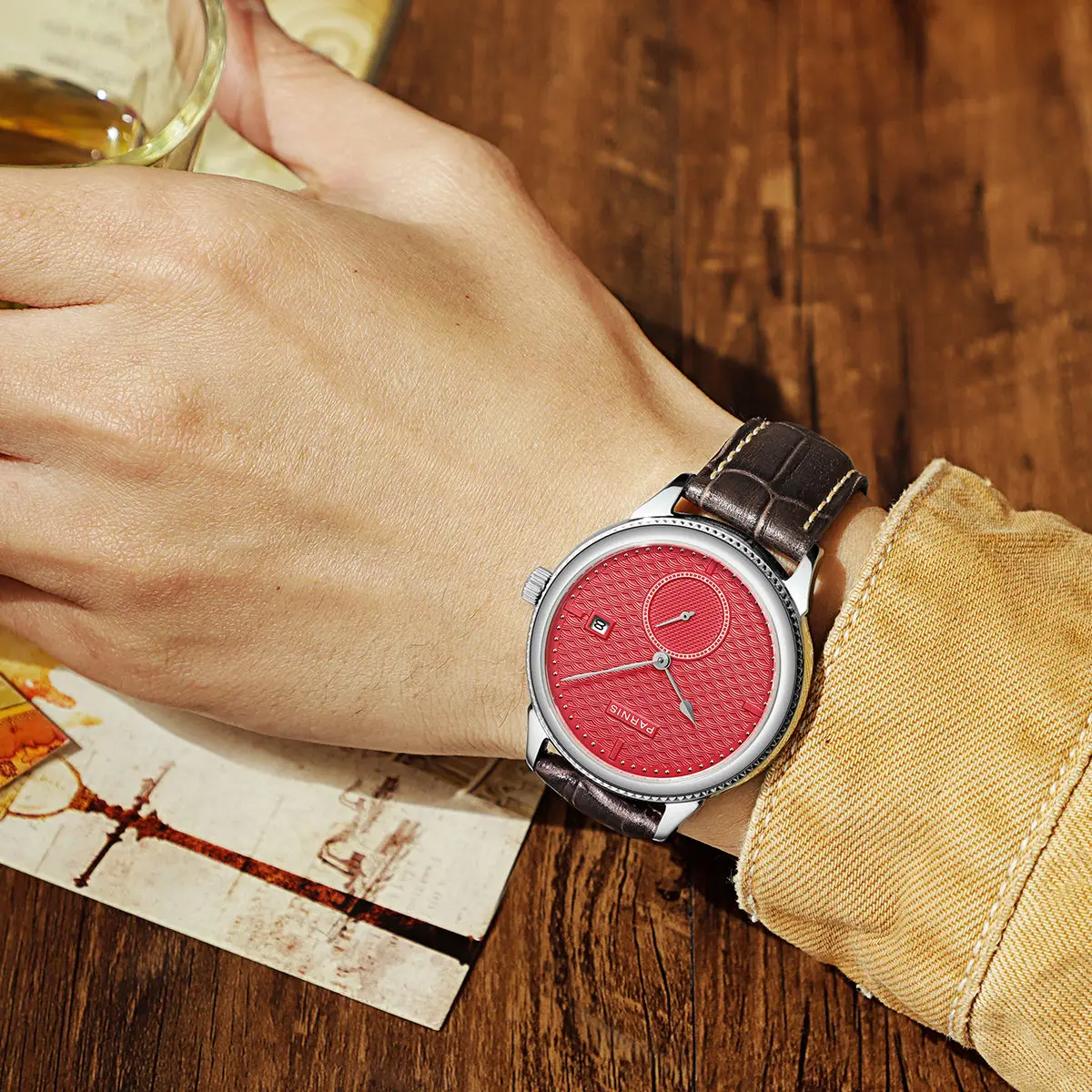 Механические Автоматические Мужские часы Parnis 42 мм с датой ST 1731 и кожаным ремешком