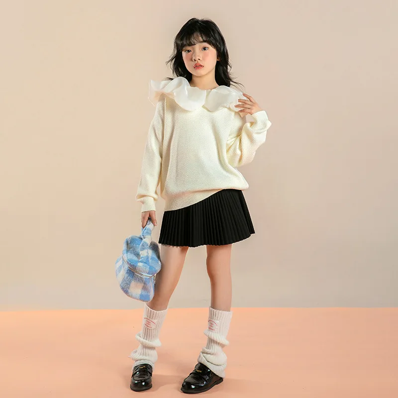 

Корейский вязаный свитер для девочек весна-осень 2023, пуловер с кружевным воротником для начальной школы, повседневная трикотажная одежда для девочек, топы