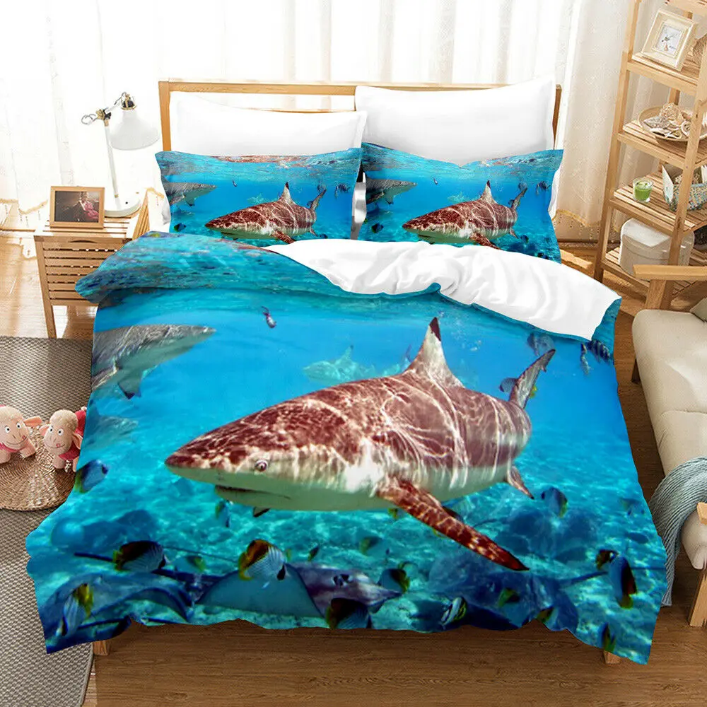 

3D Shark Fish Bedding Duvet Cover Hawaiian Beach Polyester Bedding Set Twin Ocean Sea Themed Pattern on Blue Comforter Cover