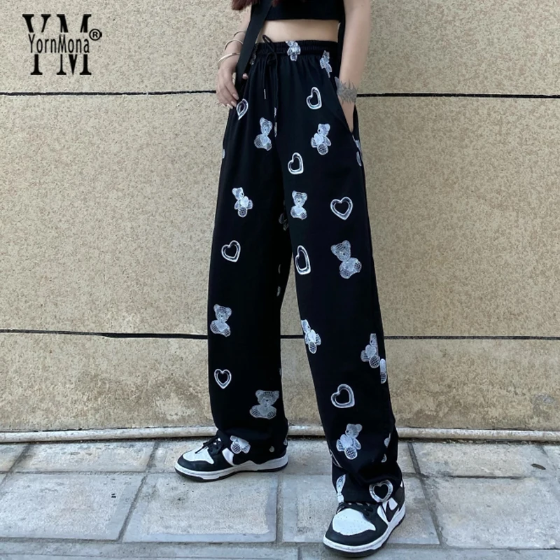 

YornMona Cartoon Print Harajuku Black Pants Women Fashion High Waist Casual Loose Long Trousers Ladies Straight Pants Streetwear
