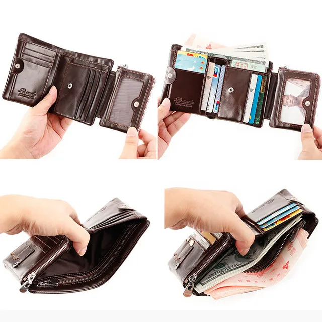 RFID Anti Theft Men's Wallet 3 Fold Credit Card Holder Money Bag Purse Vintage Genuine Leather Wallet Male 5