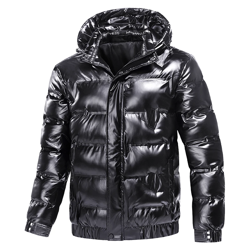 New Bright Leather Winter Men's Jacket Casual Parka Outwear Waterproof Puffer Padding Warm Stand With Hood Outwearing Coat