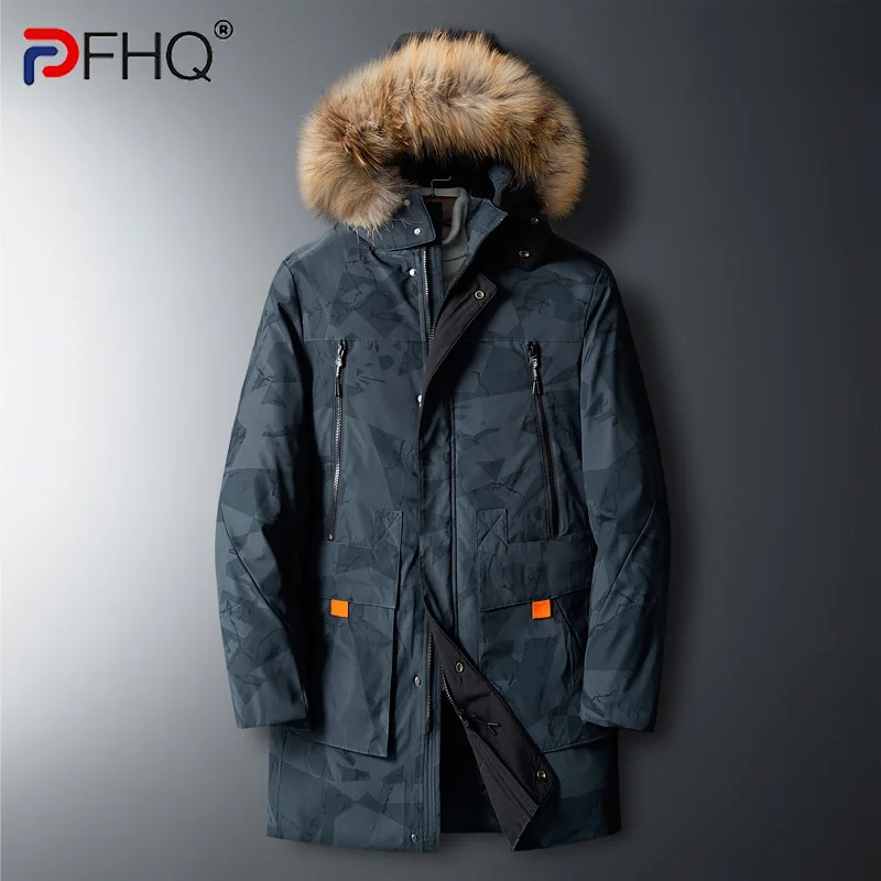 PFHQ 2023 Winter Men's Fashion Thermal Padded Jacket Down Elegant Thicken Hooded Parka Trendy Fur Collar Long Coat New 21Q5682