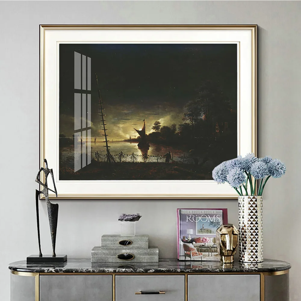

Anthonie Van Borssom Art Print Poster Moonlit Landscape Canvas Painting Living Room Decor Wall Stickers