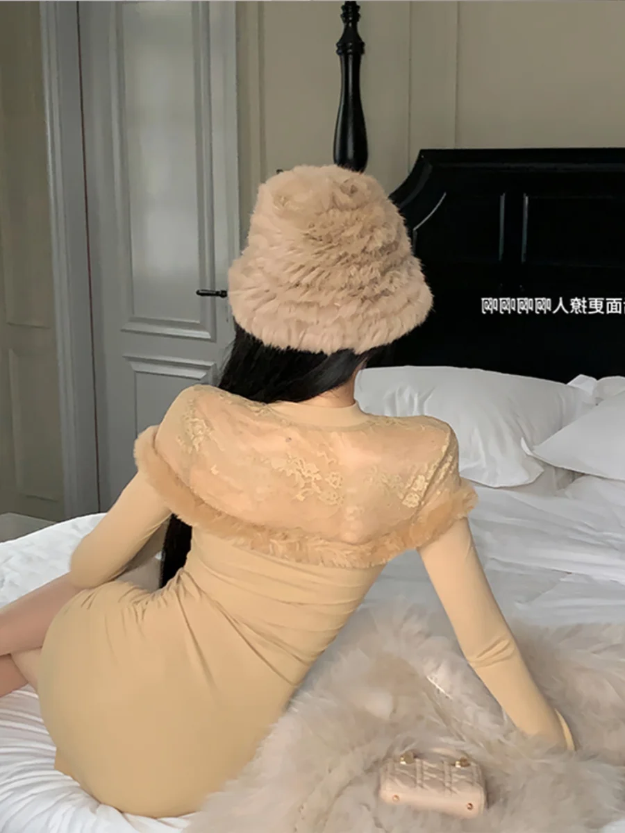 Pure Sexy Lace Furry Patchwork Hollow Long sleeve dress Women Winter New Waist Hugging Hip Skirt Short