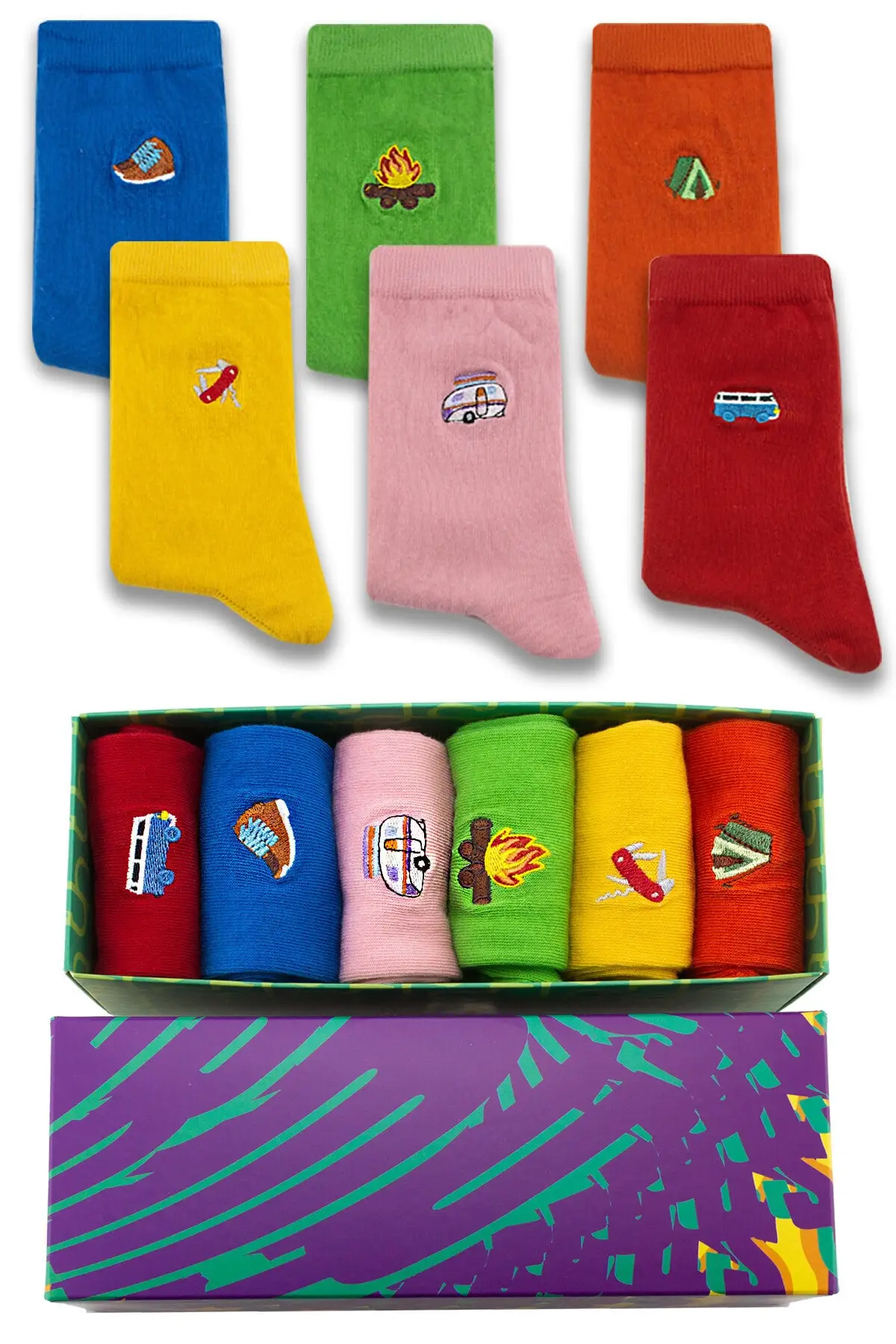 

Camp adventure patterned embroidered 6 psc. Boxed sock Package
