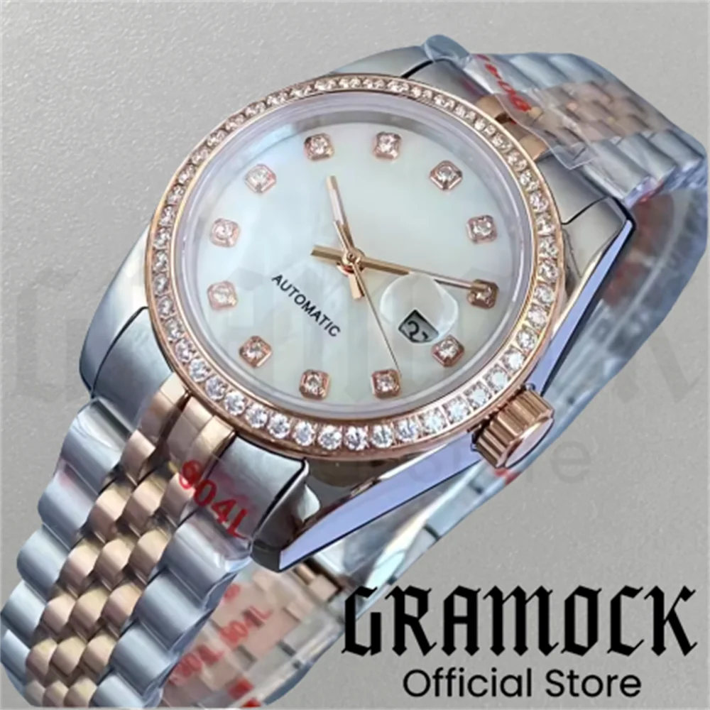 Фото Роскошные женские часы Gramock 31 мм с декором и бриллиантами NH05, двухцветный золотой корпус, сапфировое стекло, солнечные лучи, фиолетовый, серый циферблат, римский индекс №5