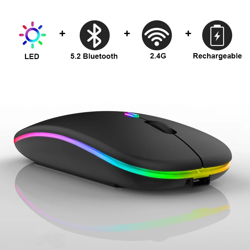 Bluetooth Wireless With USB Rechargeable  RGB Mouse BT5.2 For Laptop Computer PC Macbook Gaming Mouse 2.4GHz 1600DPI