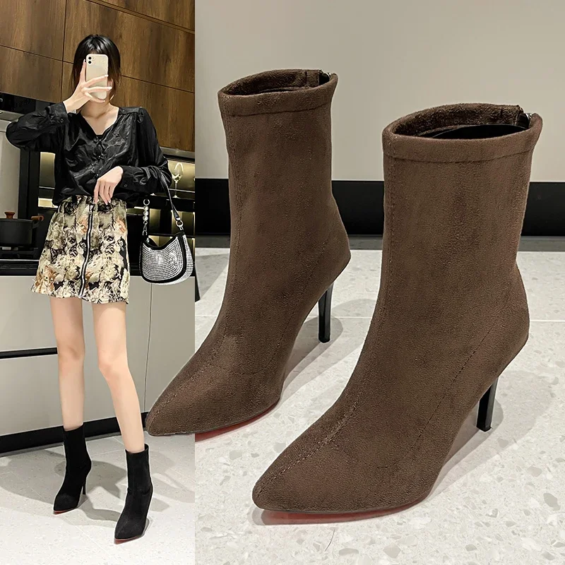 

Новинка Осень-зима 2023 женские сапоги модные замшевые сапоги до середины икры на тонком каблуке модные сапоги с острым носком на высоком каблуке