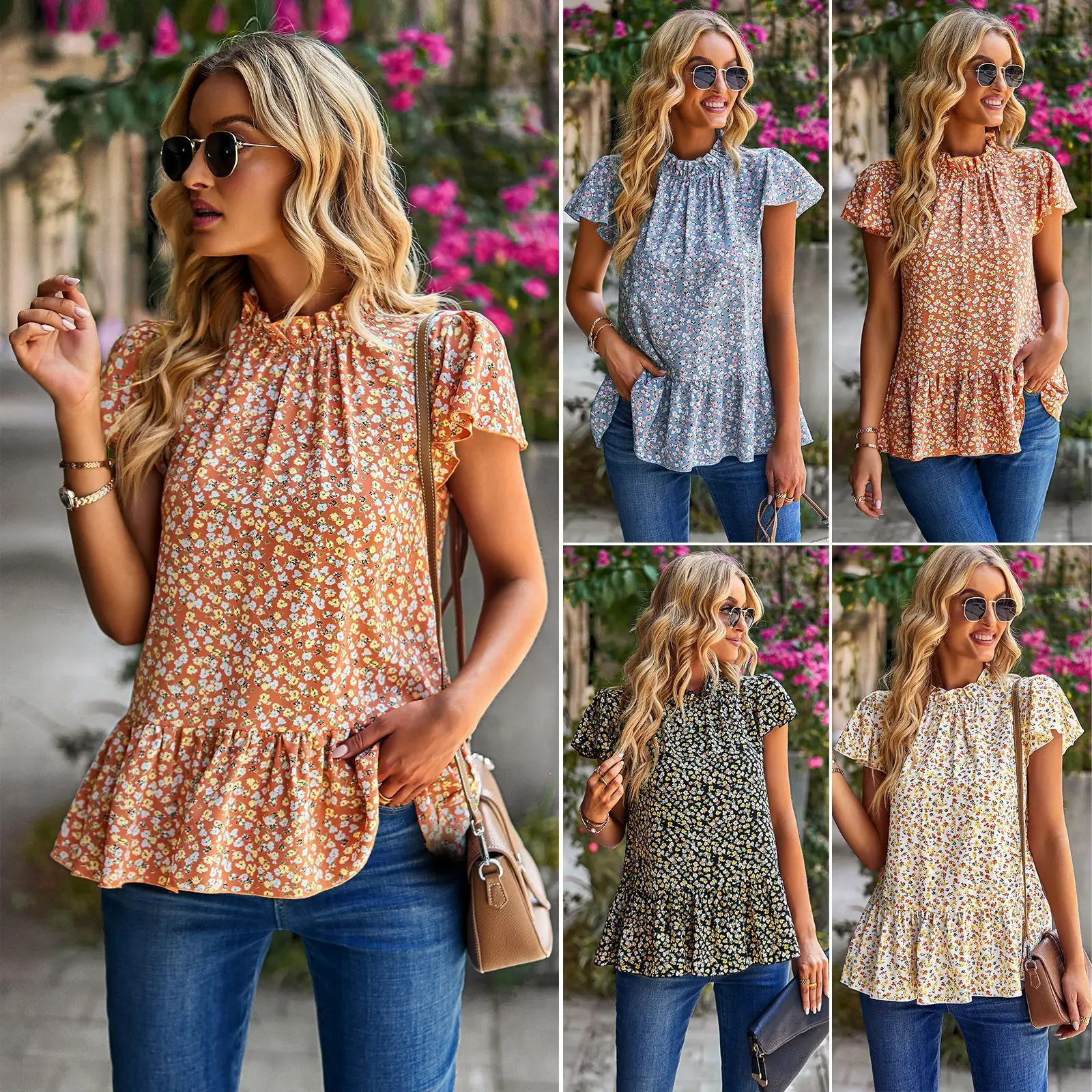 

Women Spring Summer Fashion O-neck Printing Flower Patchwork Ruffles Commuting Versatile Slim Fit T-shirt Tees Tops