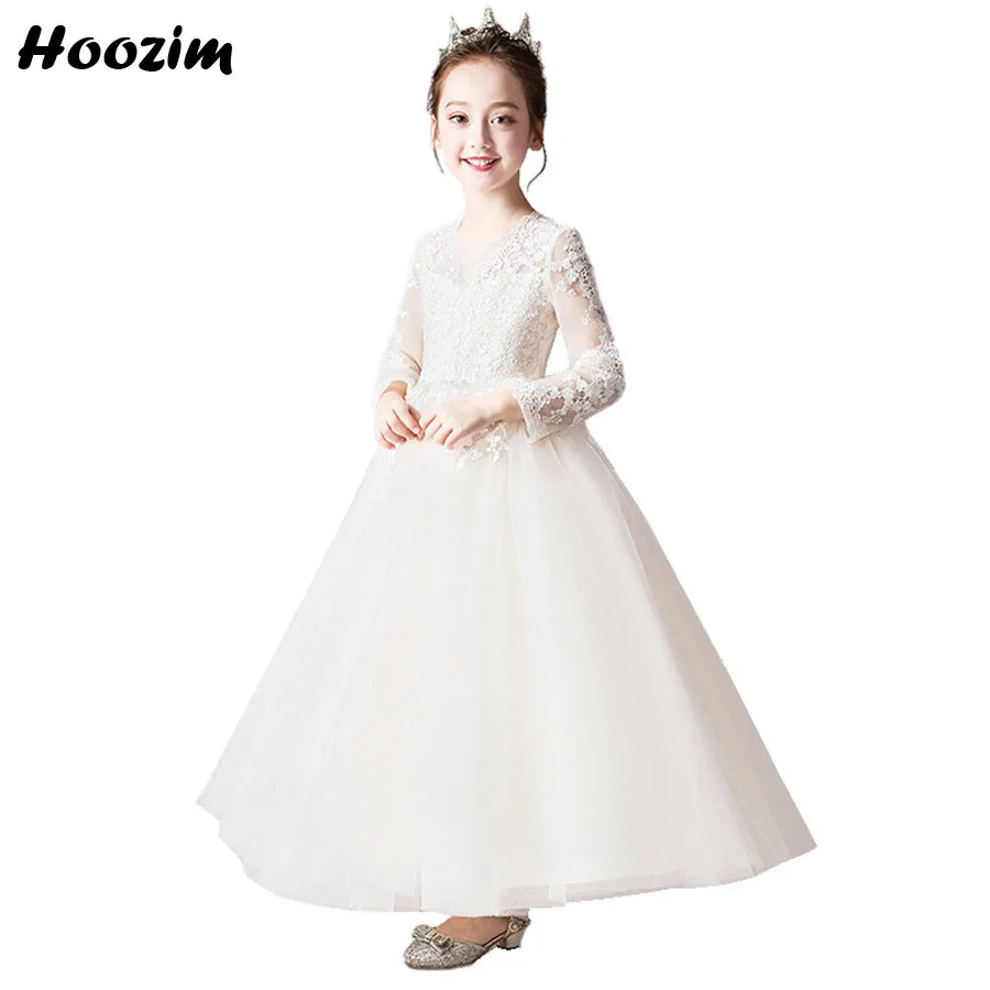 

Luxury See Through Long Sleeve Embroidery Gala And Wedding Ball Gown Girls 4 To 12 Years Tulle Elegant Evening Party Dress Child
