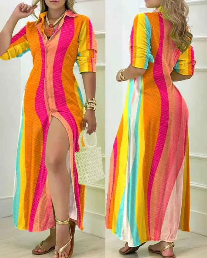 

Женское Полосатое платье-рубашка на пуговицах в европейском и американском стиле, лето 2023, модные новые повседневные платья макси с длинным рукавом для женщин