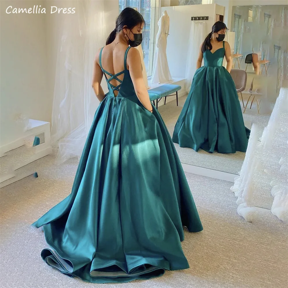 

Sexy Backless Satin Formal Evening Dresses 2023 For Women A Line Prom Dress Spaghetti Strap Party Gown Robe De Soirée فستان سهرة