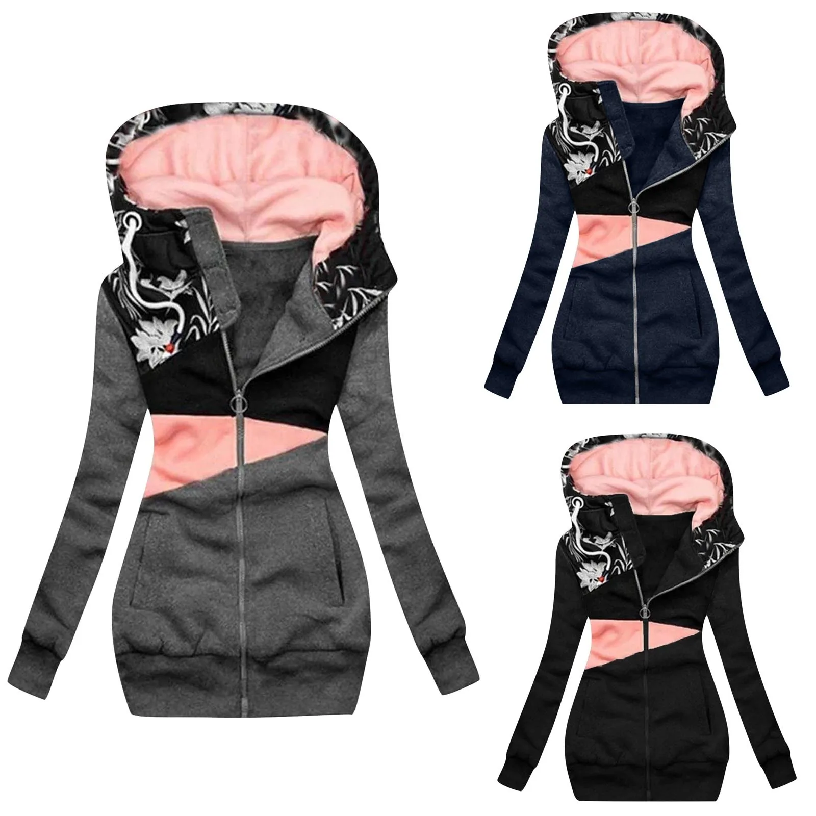 

2023 Women's Sweater Zipper Colorblock Printed Hooded Long Sleeve Coat