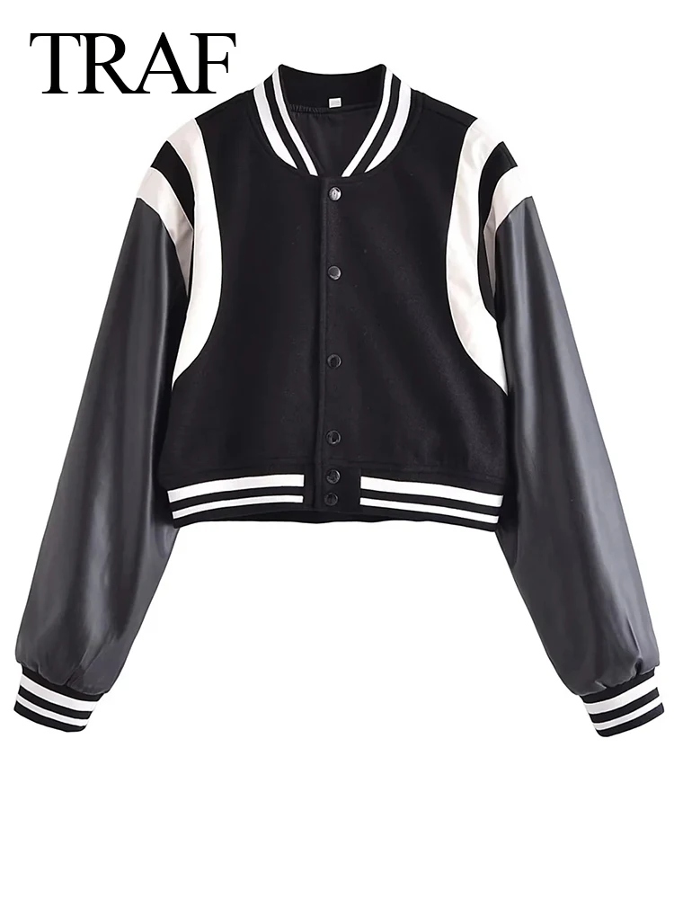 

TRAF Trend Single Breasted Short Women's Baseball Jacket New Fashion High Street Striped Leather Long Sleeve Ladies Jacket
