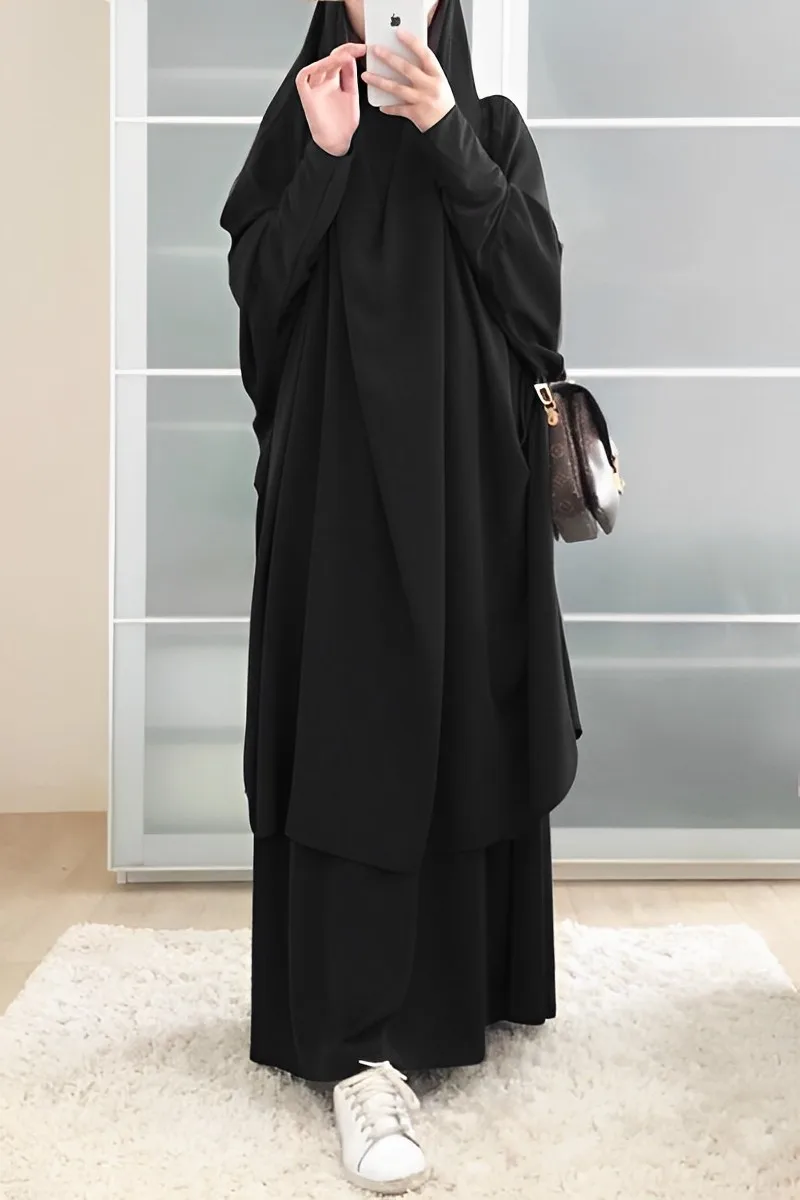Eid Prayer Garment Jilbab Abayas for Women 2 Piece Set Hooded Sexy Muslim Maxi Dresses Turkish Islamic Robe Pour Femme Musulmane
