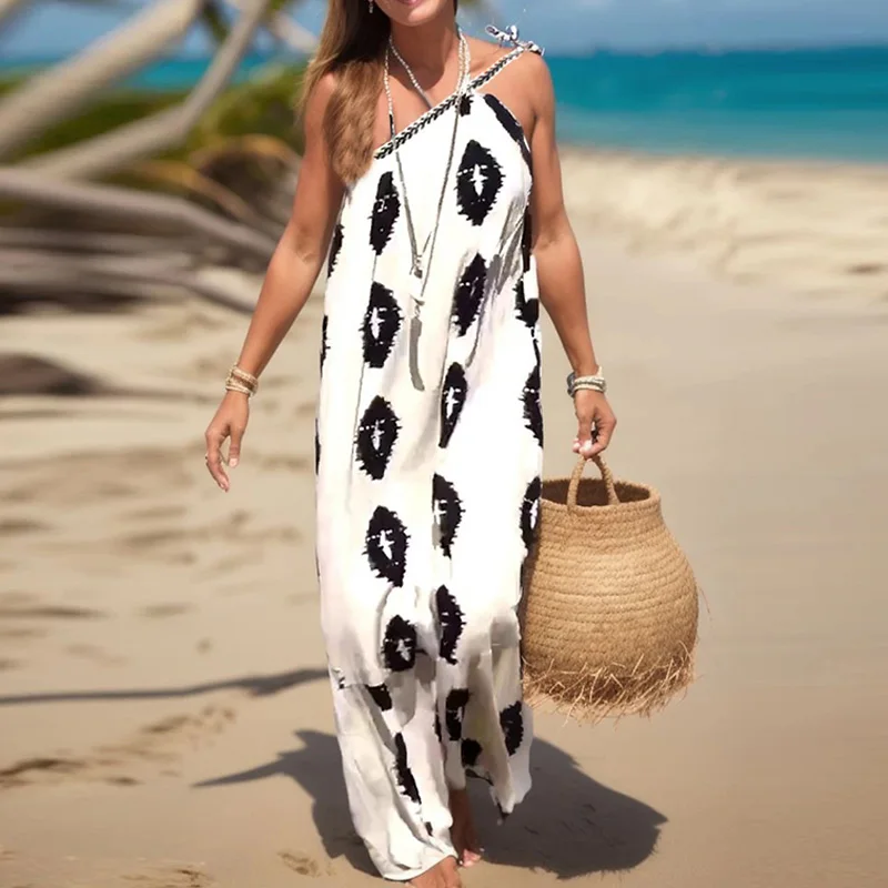 

Sexy Lace-up Bow Straps One Shoulder Dress Spring Geometric Print Boho Long Dress Women Skew Collar Backless Hollow Summer Dress