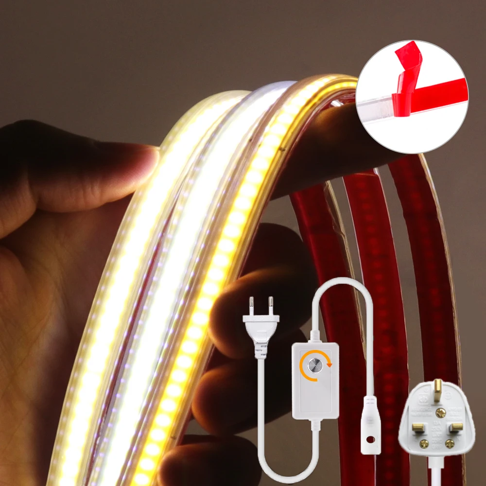 Диммируемая Светодиодная лента COB 288 светодиодов/м 220 В вилка EU/UK с диммером