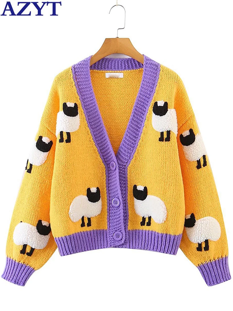 

AZYT Women Cartoon Flocking Print Knitted Cardigan V Neck All Match Women Sweater Coat Autumn Casual suéteres Y2K Clothes 2022