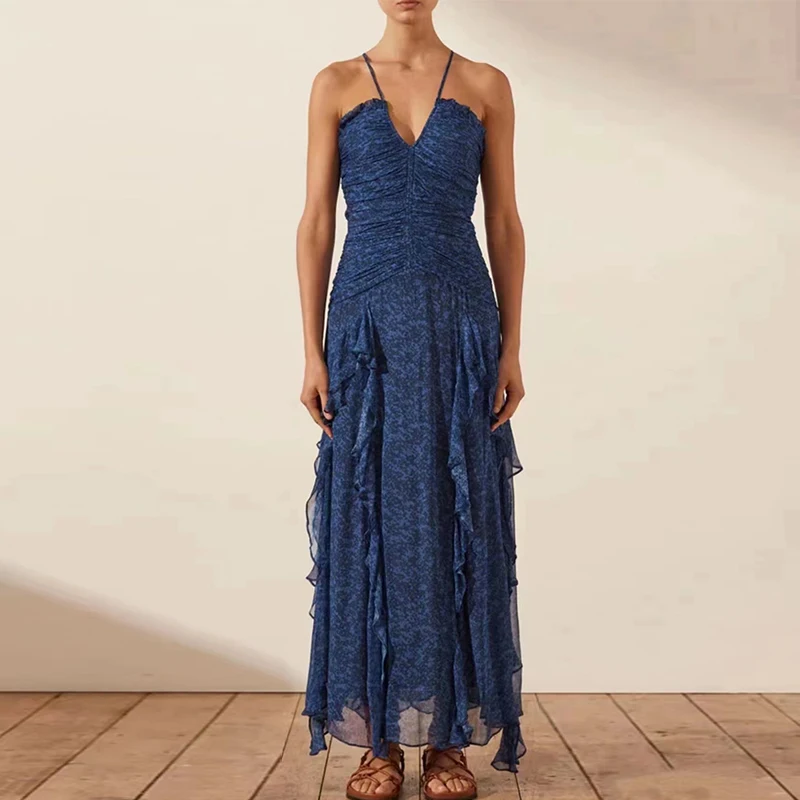 

Женское летнее платье с лямкой на шее, повседневное длинное облегающее Платье макси с цветочным принтом, Туника без рукавов с высокой талией и разрезом, с рюшами