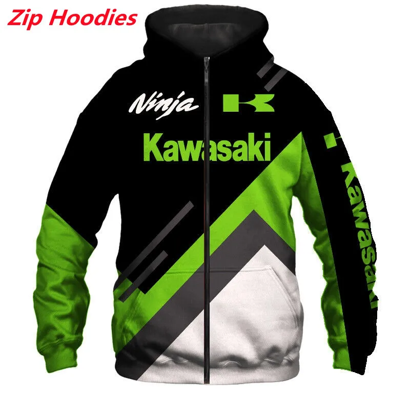 2023 New Spring Autumn Kawasaki Top 3D Printer Digital Printing Zipper Hoodie Motorcycle Running Mens Womens Ride Cool Team Teen
