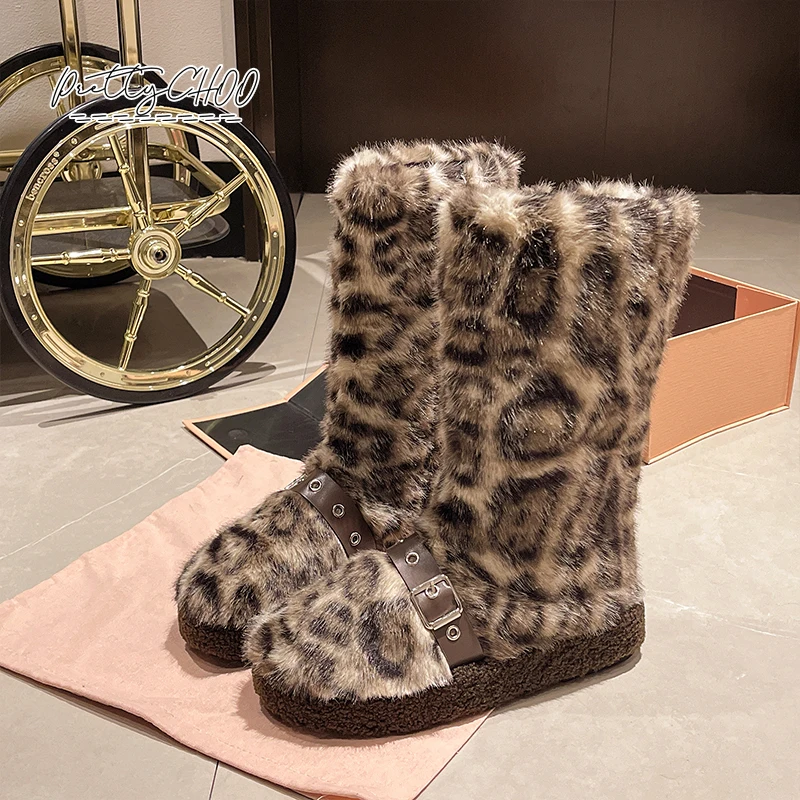Роскошные женские меховые сапоги с леопардовым принтом элегантные до колена на