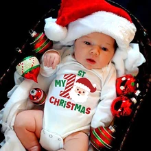 신생아용 흰색 긴팔 롬퍼, 만화 눈사람 프린트 의상, 유아 세례 바디슈트, 크리스마스 선물, 나의 첫 크리스마스
